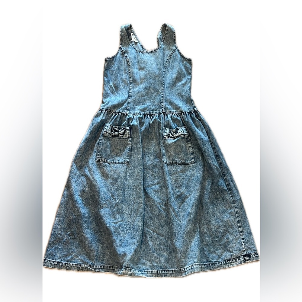 Vintage 1980s Miss Lizz Midi Acid Wash Denim Dress w Bow Details Sz 9/10